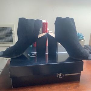 Black suede open toe booties